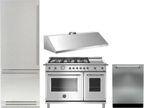 Bertazzoni Heritage 4 Piece Kitchen Appliances Package with Bottom Freezer Refrigerator, Gas Range and Dishwasher in Stainless Steel BERERADWRH42