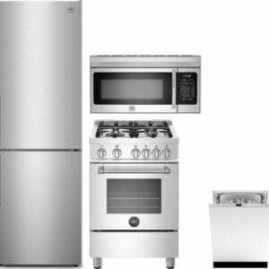 Bertazzoni Master 4 Piece Kitchen Appliances Package with Bottom Freezer Refrigerator, Gas Range, Dishwasher and Over the Range Microwave in Stainless