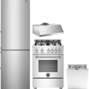 Bertazzoni Master 4 Piece Kitchen Appliances Package with Bottom Freezer Refrigerator, Gas Range and Dishwasher in Stainless Steel BERERADWRH503