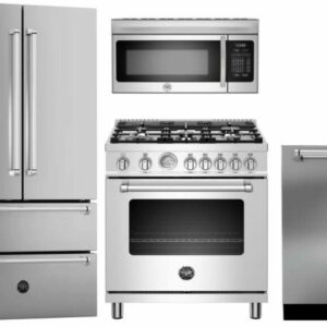 Bertazzoni Master 4 Piece Kitchen Appliances Package with French Door Refrigerator, Gas Range, Dishwasher and Over the Range Microwave in Stainless St