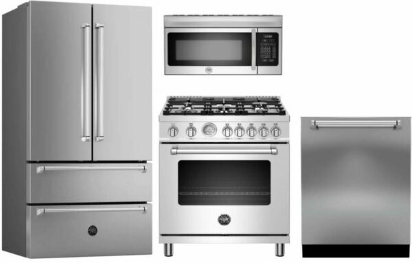 Bertazzoni Master 4 Piece Kitchen Appliances Package with French Door Refrigerator, Gas Range, Dishwasher and Over the Range Microwave in Stainless St