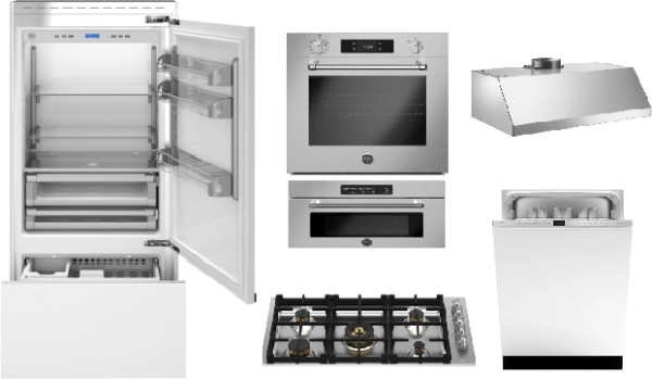 Bertazzoni Master 6 Piece Kitchen Appliances Package with Bottom Freezer Refrigerator and Dishwasher in Panel Ready BERMWC36VI1