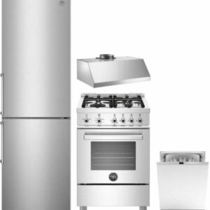 Bertazzoni Professional 4 Piece Kitchen Appliances Package with Bottom Freezer Refrigerator, Gas Range and Dishwasher in Stainless Steel BERERADWRH505