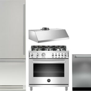 Bertazzoni Professional 4 Piece Kitchen Appliances Package with Bottom Freezer Refrigerator, Gas Range and Dishwasher in Stainless Steel BERERADWRH64