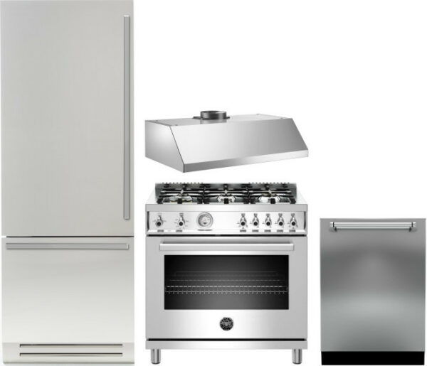 Bertazzoni Professional 4 Piece Kitchen Appliances Package with Bottom Freezer Refrigerator, Gas Range and Dishwasher in Stainless Steel BERERADWRH64