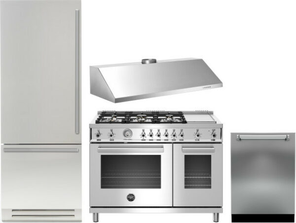 Bertazzoni Professional 4 Piece Kitchen Appliances Package with Bottom Freezer Refrigerator, Gas Range and Dishwasher in Stainless Steel BERERADWRH66