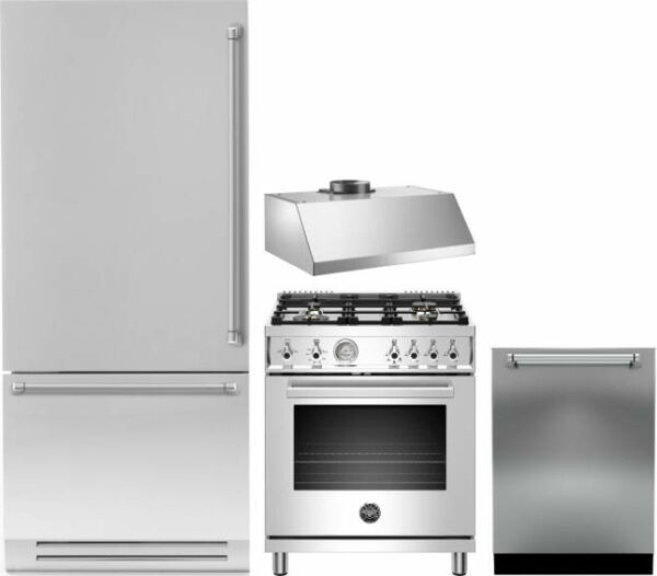 Bertazzoni Professional 4 Piece Kitchen Appliances Package with Bottom Freezer Refrigerator, Gas Range and Dishwasher in Stainless Steel BERERADWRH68