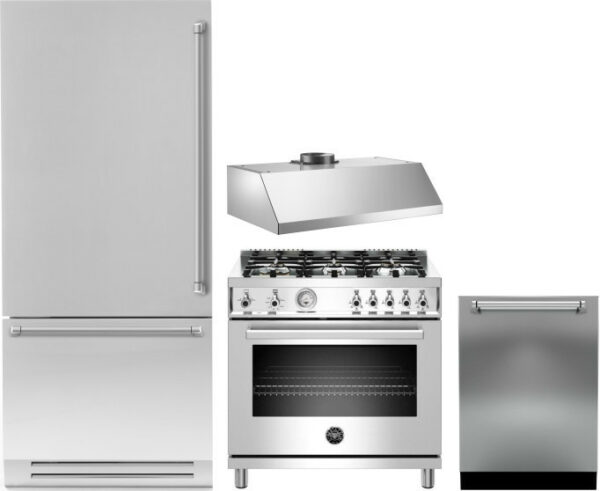 Bertazzoni Professional 4 Piece Kitchen Appliances Package with Bottom Freezer Refrigerator, Gas Range and Dishwasher in Stainless Steel BERERADWRH73