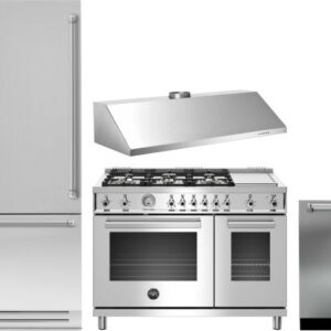 Bertazzoni Professional 4 Piece Kitchen Appliances Package with Bottom Freezer Refrigerator, Gas Range and Dishwasher in Stainless Steel BERERADWRH75