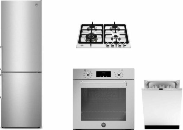 Bertazzoni Professional 4 Piece Kitchen Appliances Package with Bottom Freezer Refrigerator and Dishwasher in Stainless Steel BERPWC24VI