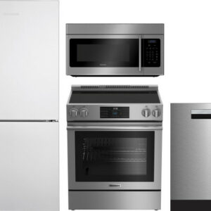 Blomberg 4 Piece Kitchen Appliances Package with Bottom Freezer Refrigerator, Electric Range, Dishwasher and Over the Range Microwave in Stainless Ste