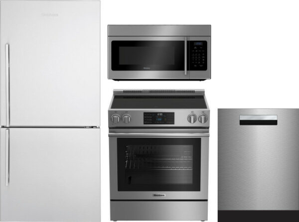 Blomberg 4 Piece Kitchen Appliances Package with Bottom Freezer Refrigerator, Electric Range, Dishwasher and Over the Range Microwave in Stainless Ste