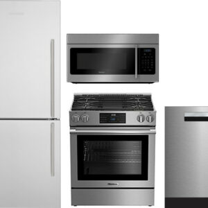 Blomberg 4 Piece Kitchen Appliances Package with Bottom Freezer Refrigerator, Gas Range, Dishwasher and Over the Range Microwave in Stainless Steel BL