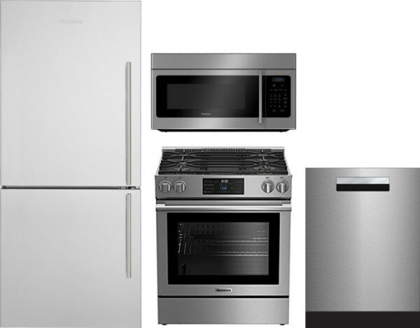 Blomberg 4 Piece Kitchen Appliances Package with Bottom Freezer Refrigerator, Gas Range, Dishwasher and Over the Range Microwave in Stainless Steel BL