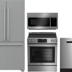 Blomberg 4 Piece Kitchen Appliances Package with French Door Refrigerator, Electric Range, Dishwasher and Over the Range Microwave in Stainless Steel