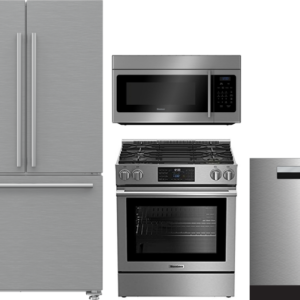 Blomberg 4 Piece Kitchen Appliances Package with French Door Refrigerator, Gas Range, Dishwasher and Over the Range Microwave in Stainless Steel BLRER