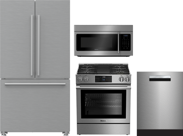 Blomberg 4 Piece Kitchen Appliances Package with French Door Refrigerator, Gas Range, Dishwasher and Over the Range Microwave in Stainless Steel BLRER