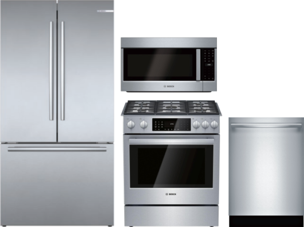 Bosch 4 Piece Kitchen Appliances Package with French Door Refrigerator, Dual Fuel Range, Dishwasher and Over the Range Microwave in Stainless Steel BO