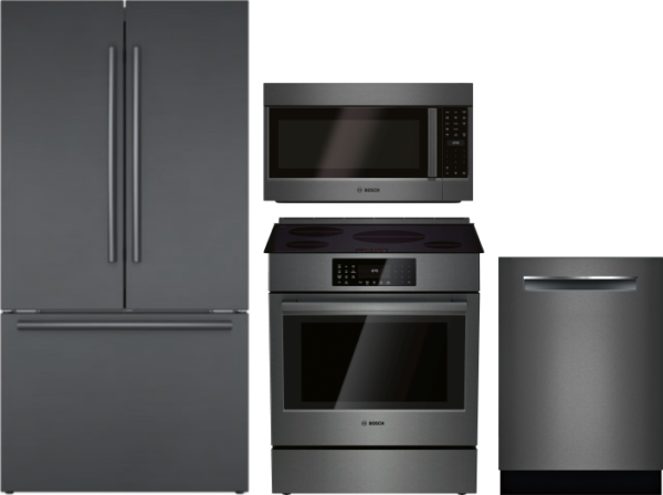 Bosch 4 Piece Kitchen Appliances Package with French Door Refrigerator, Electric Range, Dishwasher and Over the Range Microwave in Black Stainless Ste