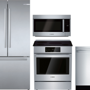 Bosch 4 Piece Kitchen Appliances Package with French Door Refrigerator, Electric Range, Dishwasher and Over the Range Microwave in Stainless Steel BOR