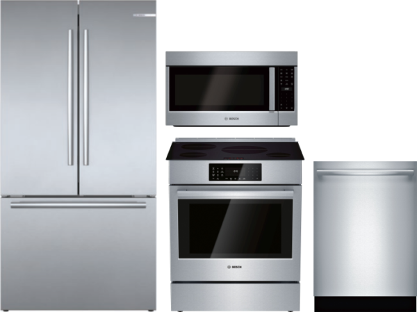 Bosch 4 Piece Kitchen Appliances Package with French Door Refrigerator, Electric Range, Dishwasher and Over the Range Microwave in Stainless Steel BOR