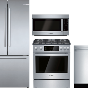 Bosch 4 Piece Kitchen Appliances Package with French Door Refrigerator, Gas Range, Dishwasher and Over the Range Microwave in Stainless Steel BORERADW