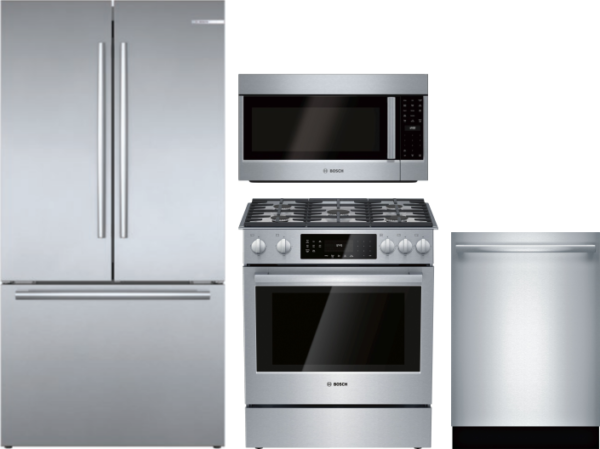 Bosch 4 Piece Kitchen Appliances Package with French Door Refrigerator, Gas Range, Dishwasher and Over the Range Microwave in Stainless Steel BORERADW