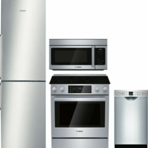 Bosch 500 4 Piece Kitchen Appliances Package with Bottom Freezer Refrigerator, Electric Range, Dishwasher and Over the Range Microwave in Stainless St