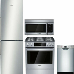 Bosch 500 4 Piece Kitchen Appliances Package with Bottom Freezer Refrigerator, Gas Range, Dishwasher and Over the Range Microwave in Stainless Steel B