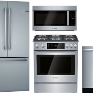 Bosch 500 4 Piece Kitchen Appliances Package with French Door Refrigerator, Gas Range, Dishwasher and Over the Range Microwave in Stainless Steel BORE