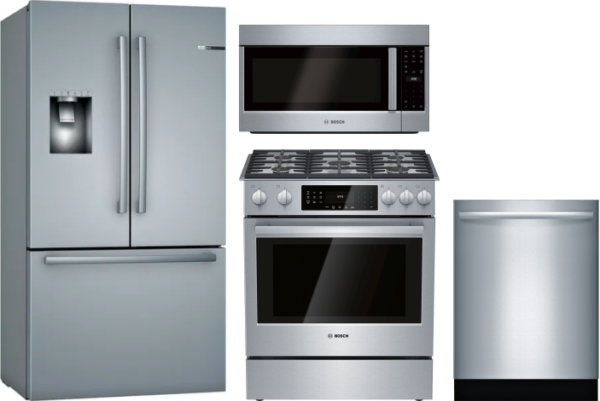 Bosch 500 4 Piece Kitchen Appliances Package with French Door Refrigerator, Gas Range, Dishwasher and Over the Range Microwave in Stainless Steel BORE