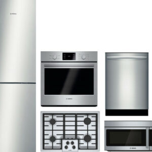 Bosch 500 5 Piece Kitchen Appliances Package with Bottom Freezer Refrigerator, Dishwasher and Over the Range Microwave in Stainless Steel BORECTWODWRH