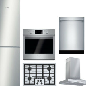 Bosch 500 5 Piece Kitchen Appliances Package with Bottom Freezer Refrigerator and Dishwasher in Stainless Steel BORECTRHDWWO4