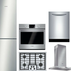 Bosch 500 5 Piece Kitchen Appliances Package with Bottom Freezer Refrigerator and Dishwasher in Stainless Steel BORECTRHDWWO6