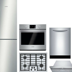 Bosch 500 5 Piece Kitchen Appliances Package with Bottom Freezer Refrigerator and Dishwasher in Stainless Steel BORECTWODWRH133