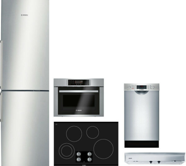 Bosch 500 5 Piece Kitchen Appliances Package with Bottom Freezer Refrigerator and Dishwasher in Stainless Steel BORECTWODWRH860