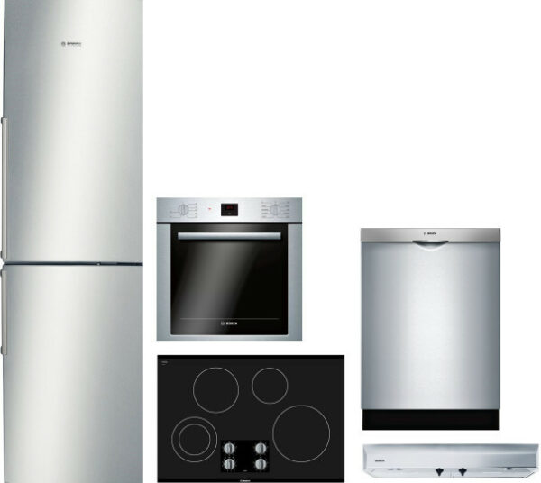 Bosch 500 5 Piece Kitchen Appliances Package with Bottom Freezer Refrigerator and Dishwasher in Stainless Steel BORECTWODWRH863