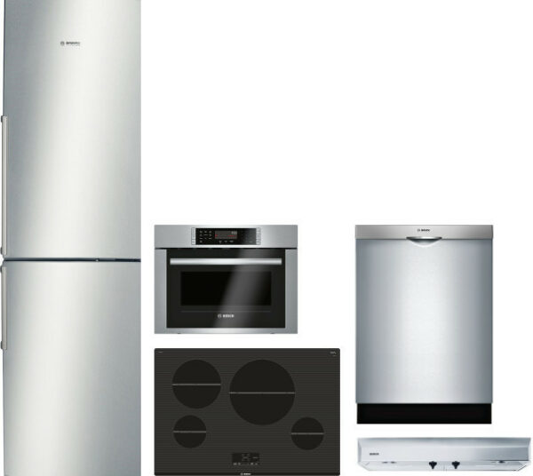 Bosch 500 5 Piece Kitchen Appliances Package with Bottom Freezer Refrigerator and Dishwasher in Stainless Steel BORECTWODWRH864