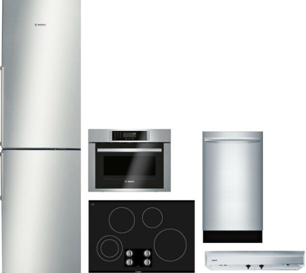 Bosch 500 5 Piece Kitchen Appliances Package with Bottom Freezer Refrigerator and Dishwasher in Stainless Steel BORECTWODWRH866