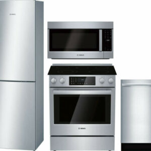 Bosch 800 4 Piece Kitchen Appliances Package with Bottom Freezer Refrigerator, Electric Range, Dishwasher and Over the Range Microwave in Stainless St