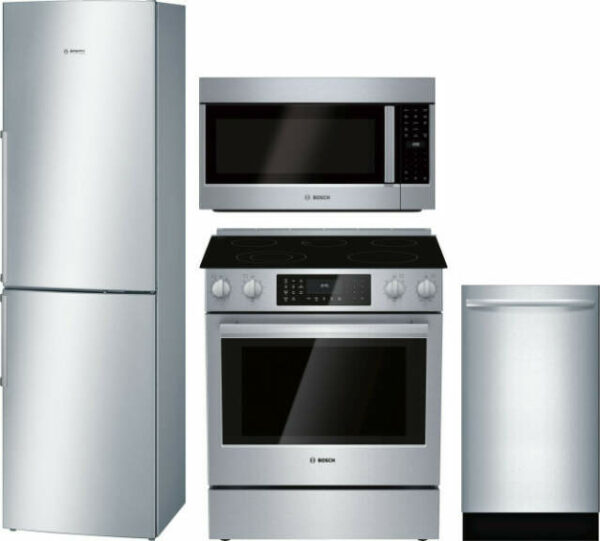 Bosch 800 4 Piece Kitchen Appliances Package with Bottom Freezer Refrigerator, Electric Range, Dishwasher and Over the Range Microwave in Stainless St