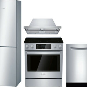 Bosch 800 4 Piece Kitchen Appliances Package with Bottom Freezer Refrigerator, Electric Range and Dishwasher in Stainless Steel BORERADWMW590