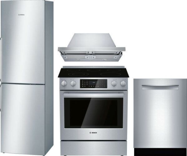 Bosch 800 4 Piece Kitchen Appliances Package with Bottom Freezer Refrigerator, Electric Range and Dishwasher in Stainless Steel BORERADWMW590