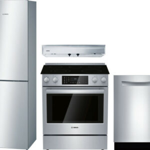 Bosch 800 4 Piece Kitchen Appliances Package with Bottom Freezer Refrigerator, Electric Range and Dishwasher in Stainless Steel BORERADWMW592