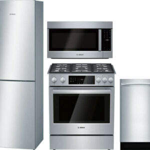 Bosch 800 4 Piece Kitchen Appliances Package with Bottom Freezer Refrigerator, Gas Range, Dishwasher and Over the Range Microwave in Stainless Steel B