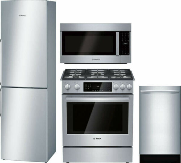 Bosch 800 4 Piece Kitchen Appliances Package with Bottom Freezer Refrigerator, Gas Range, Dishwasher and Over the Range Microwave in Stainless Steel B