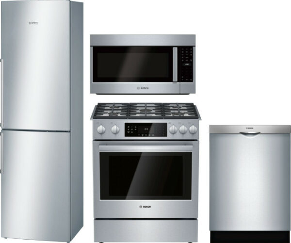 Bosch 800 4 Piece Kitchen Appliances Package with Bottom Freezer Refrigerator, Gas Range, Over the Range Microwave and Dishwasher in Stainless Steel B