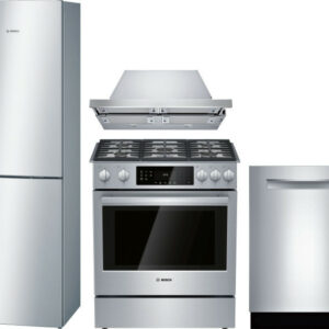 Bosch 800 4 Piece Kitchen Appliances Package with Bottom Freezer Refrigerator, Gas Range and Dishwasher in Stainless Steel BORERADWMW589