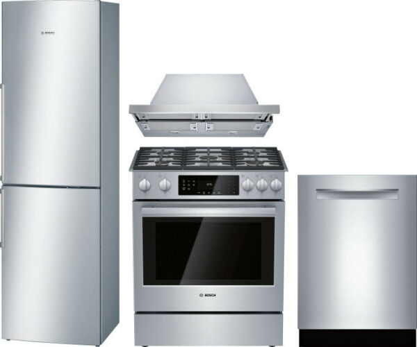 Bosch 800 4 Piece Kitchen Appliances Package with Bottom Freezer Refrigerator, Gas Range and Dishwasher in Stainless Steel BORERADWMW589