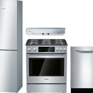 Bosch 800 4 Piece Kitchen Appliances Package with Bottom Freezer Refrigerator, Gas Range and Dishwasher in Stainless Steel BORERADWMW591